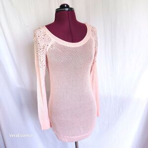 Express NWOT Pink Mesh Rhinestone Studded Shoulder Long Sweater Top Size XS